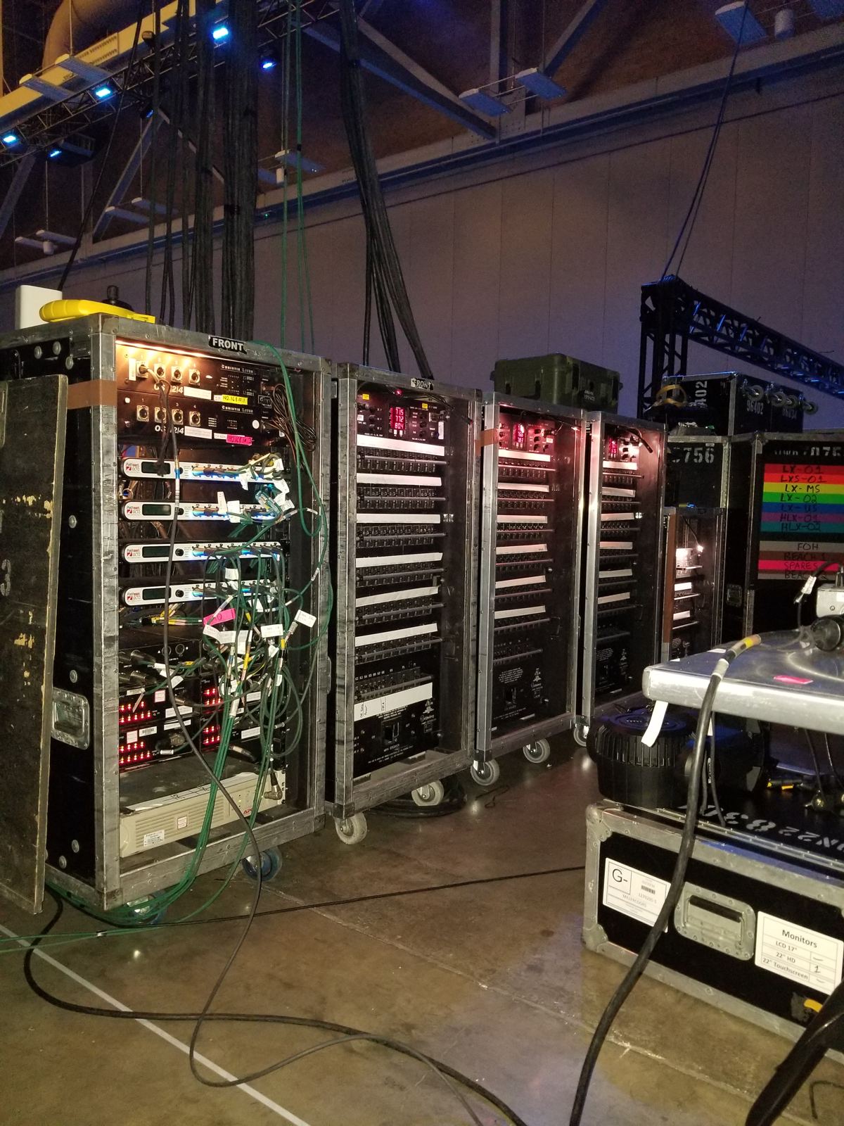 Dimmer and distro racks, cabled and labelled