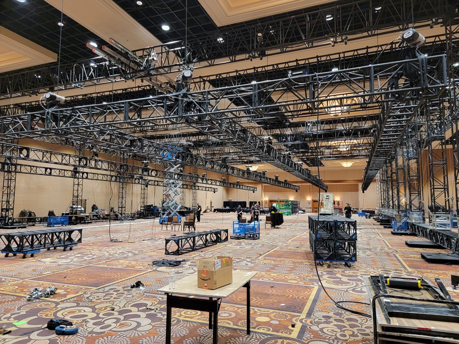 Pre-rig truss and motors going up at load-in