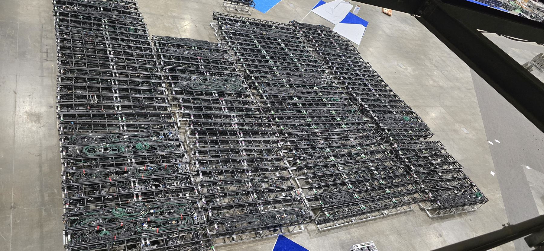 Pre-rig truss grid, cabled and ready to fly