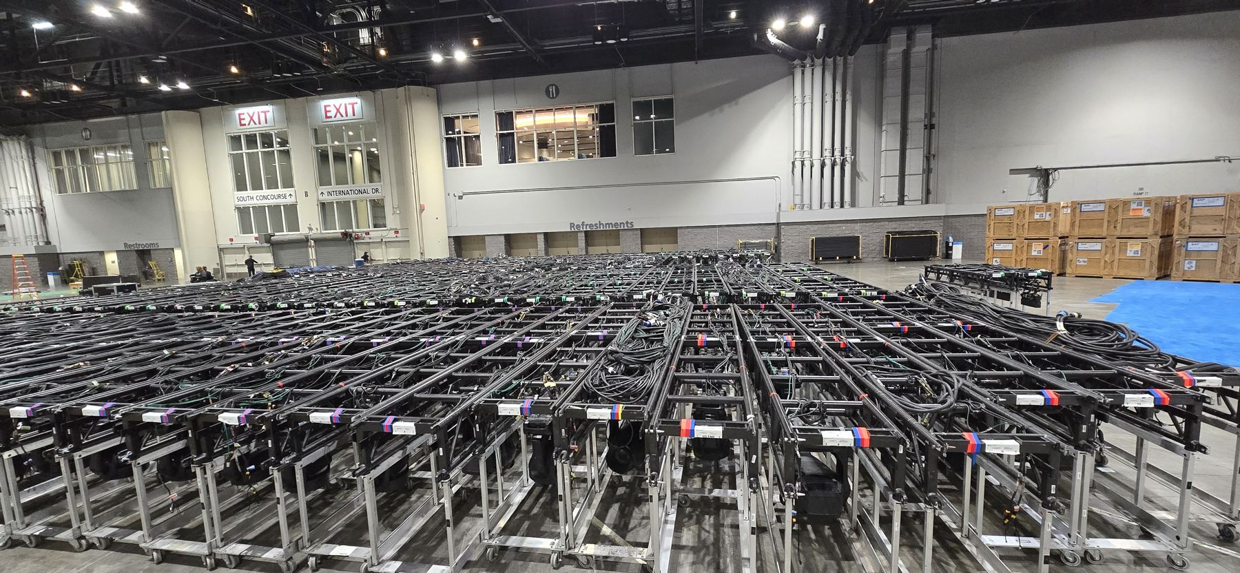 Pre-rig truss grid laid out on the deck