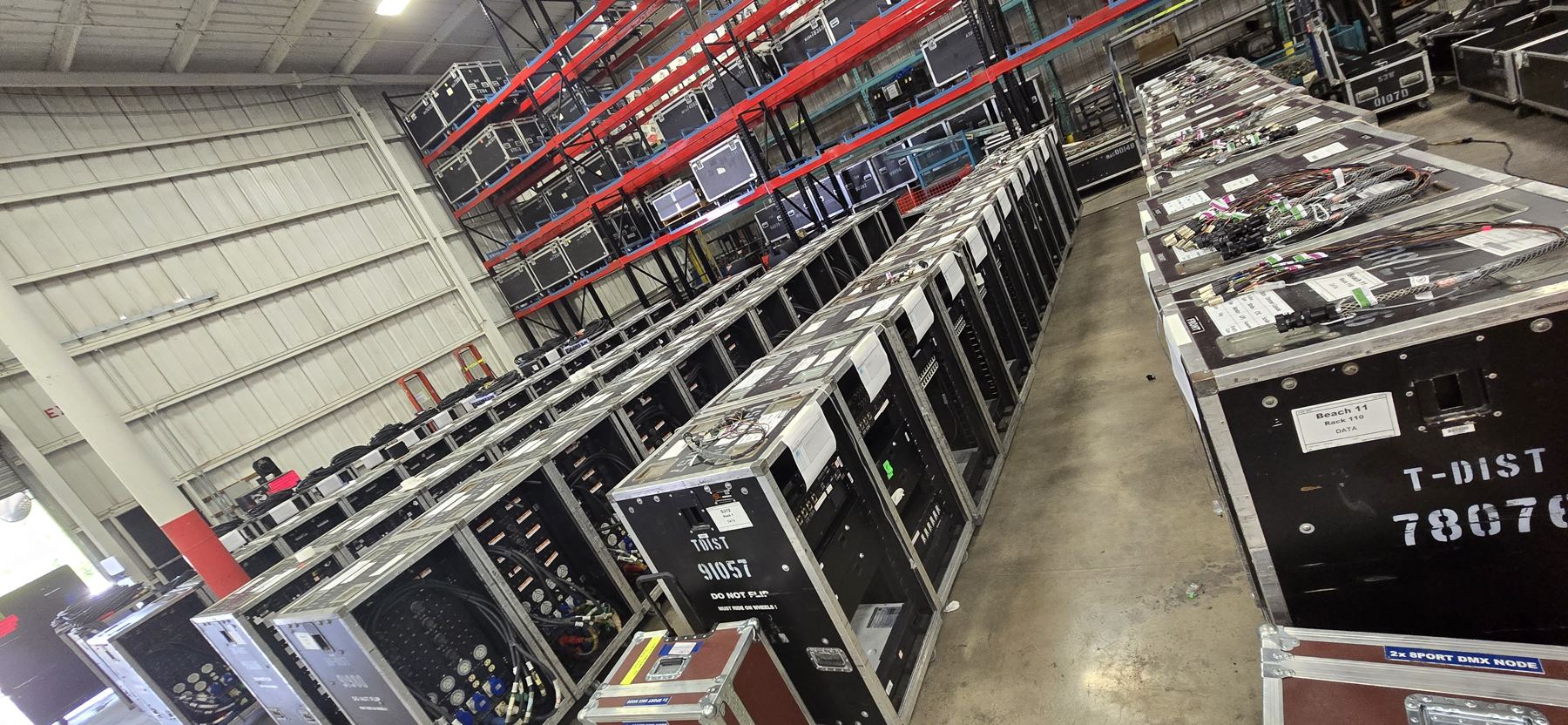 Power and data distro racks, labelled per position