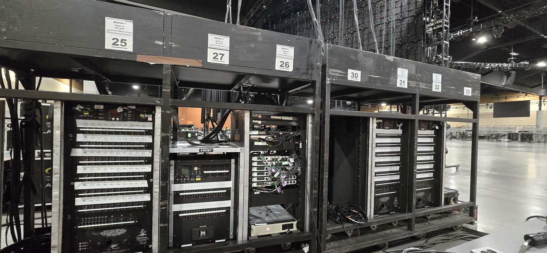 Distro row — 208V, 120V, and data racks labelled per position